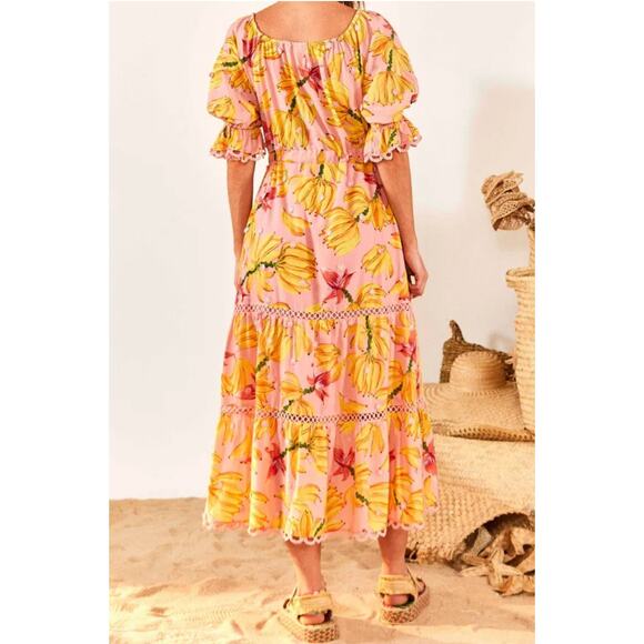 Farm Rio Midi Dress Banana Taste Off The Shoulder Pink Yellow nwt Size Small S - Picture 9 of 9